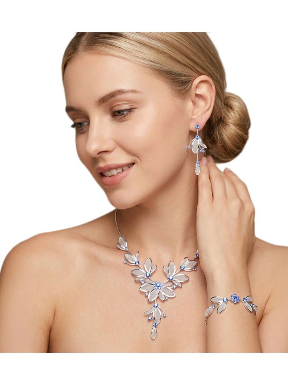 Tigerstars Blue Stone Accented Metal Mesh Petal Jewelry Set